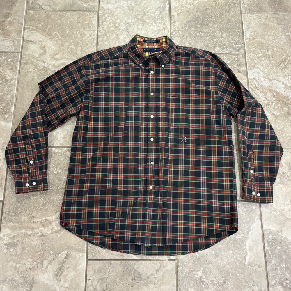 Vintage Tommy Hilfiger Mens XL Plaid Button Down Shirt Navy Green Red Crest Logo
